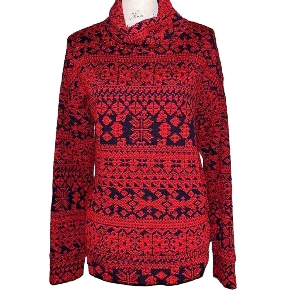 IZOD Womens Red‎ Black Fair Isle Snowflake Cowl Neck Knit Pullover Sweater Large
